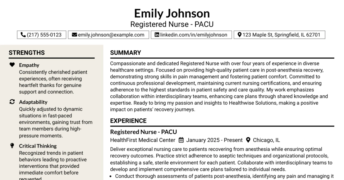 33 Registered Nurse - Post Anesthesia Care Unit Resume Templates with Example 2026 (ATS-Optimized)