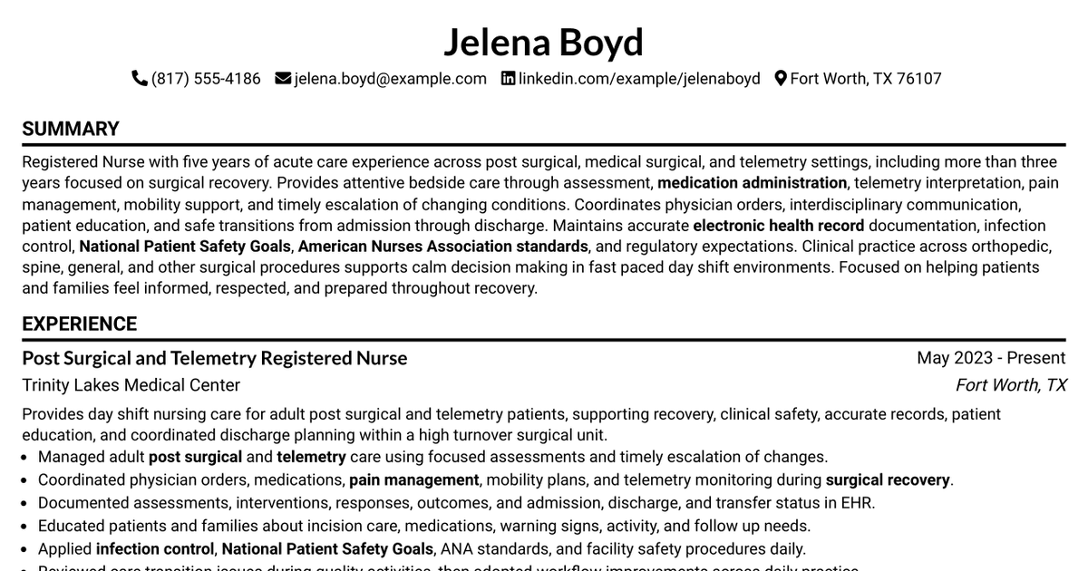 7 Registered Nurse - Post Surgical/Telemetry Resume Templates with Example