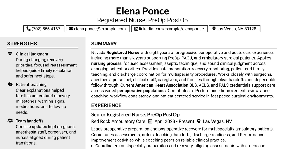 7 Registered Nurse PreOp PostOp Resume Templates with Example