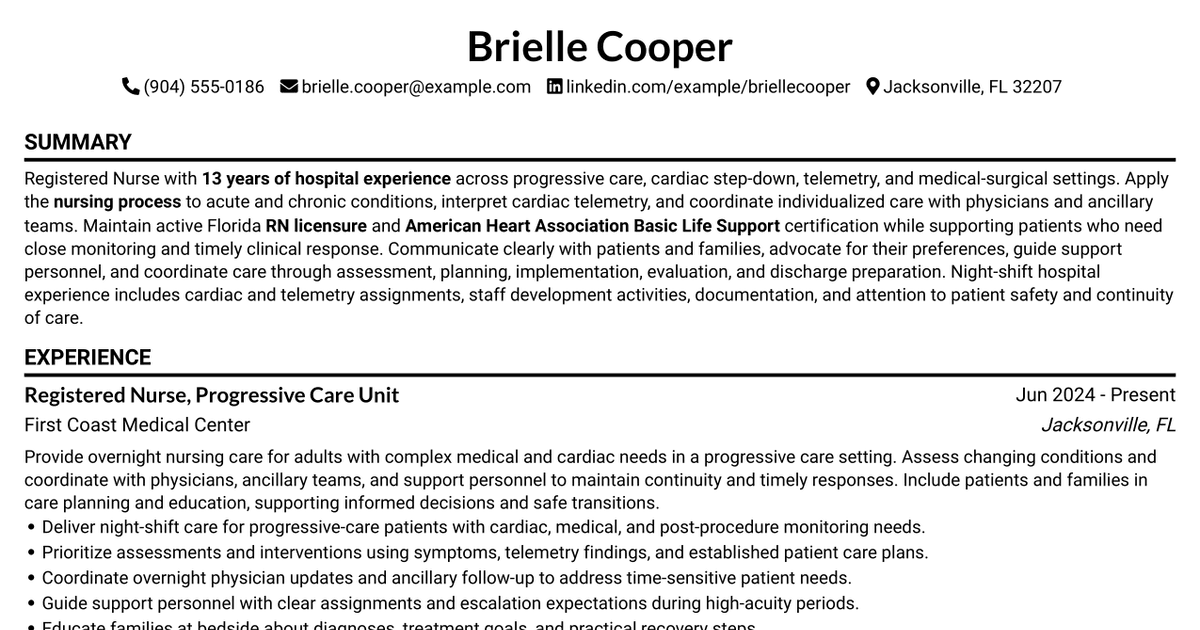 7 Registered Nurse - Progressive Care Unit (PCU) Resume Templates with Example
