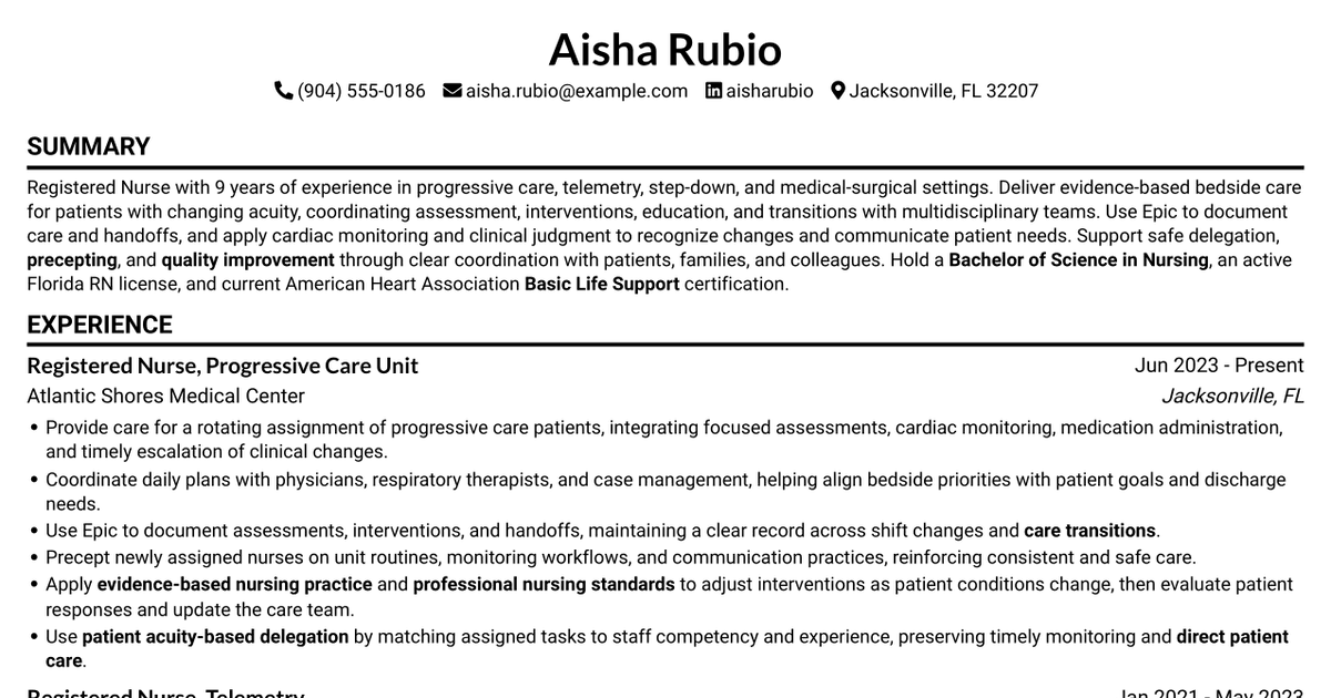 7 Registered Nurse - Progressive Care Unit Resume Templates with Example
