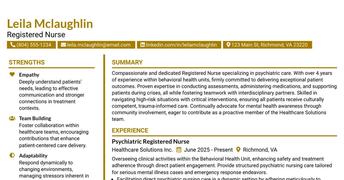 33 Registered Nurse Psychiatric Resume Templates with Example 2026 (ATS-Optimized)
