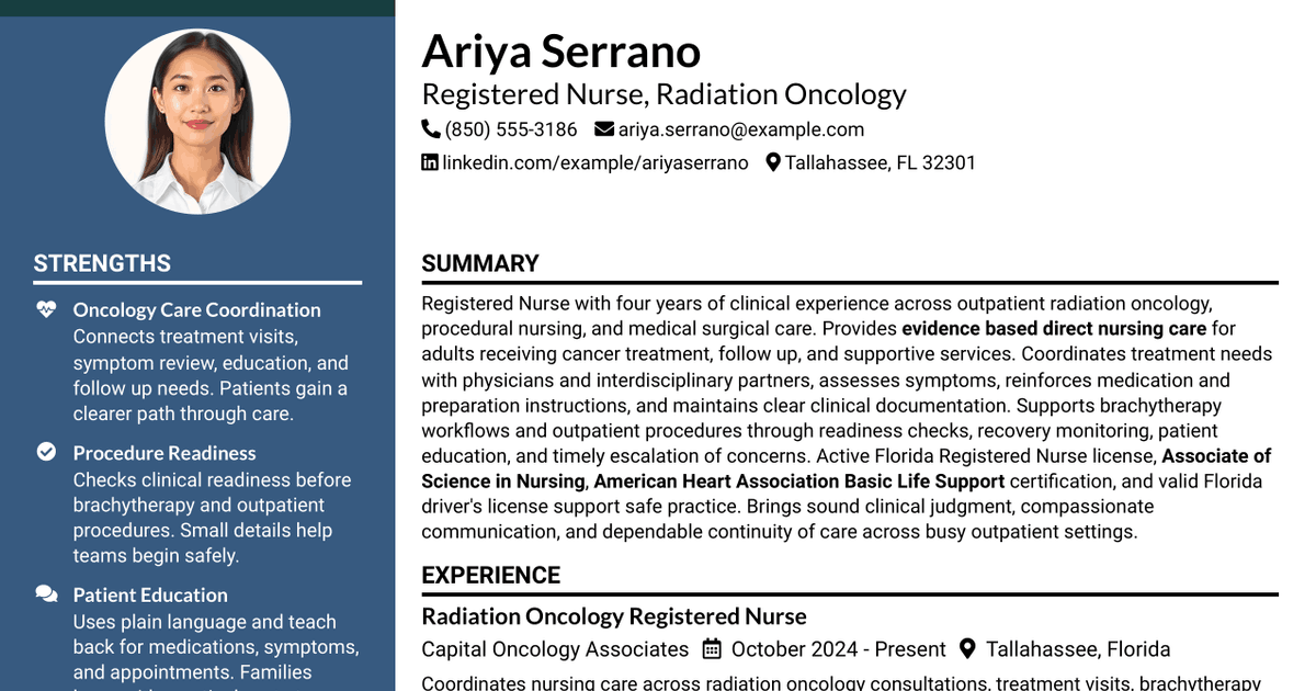 7 Registered Nurse, Radiation Oncology Clinic Nurse Resume Templates with Example
