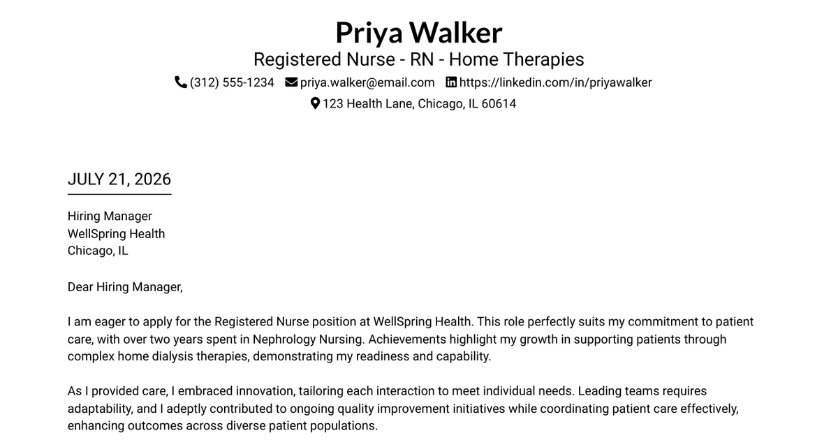 30+ Registered Nurse - RN - Home Therapies Cover Letter Templates with Example 2026