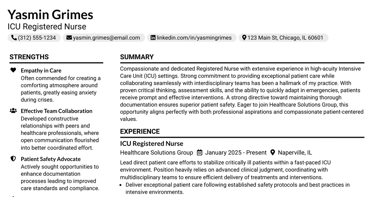 33 Registered Nurse (RN) – ICU Resume Templates with Example 2026 (ATS-Optimized)