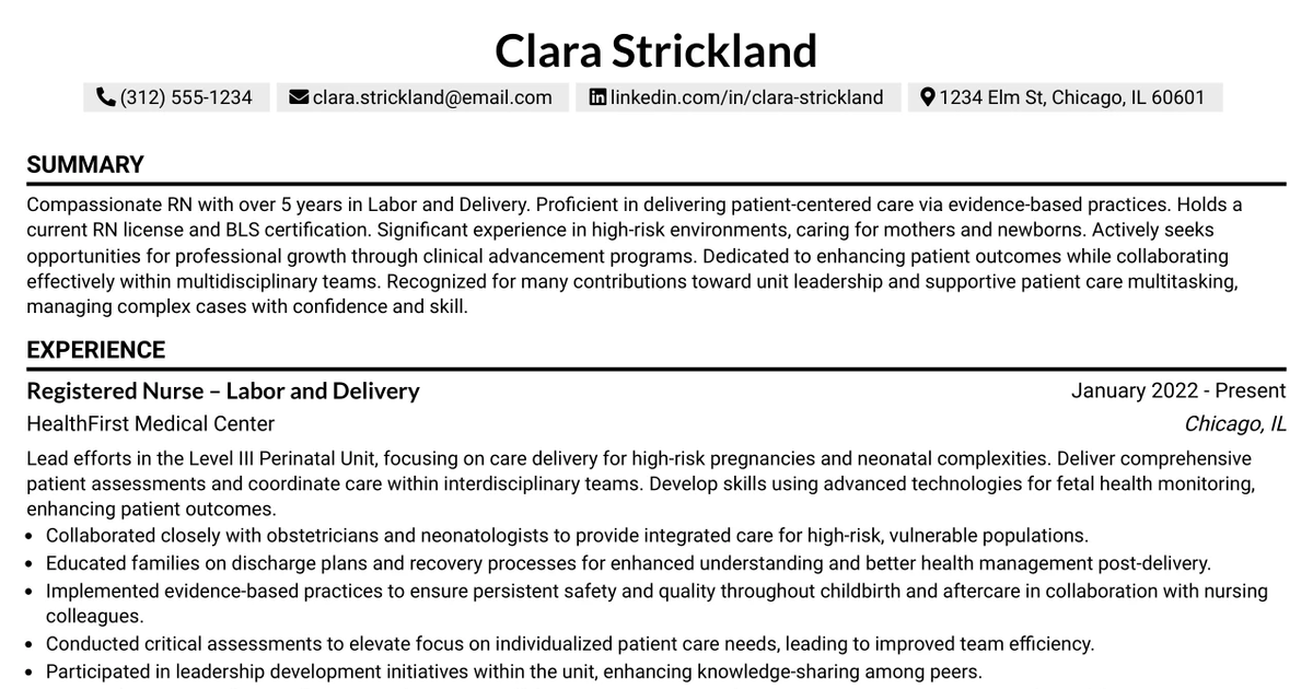 33 Registered Nurse (RN) – Labor and Delivery Resume Templates with Example 2026 (ATS-Optimized)