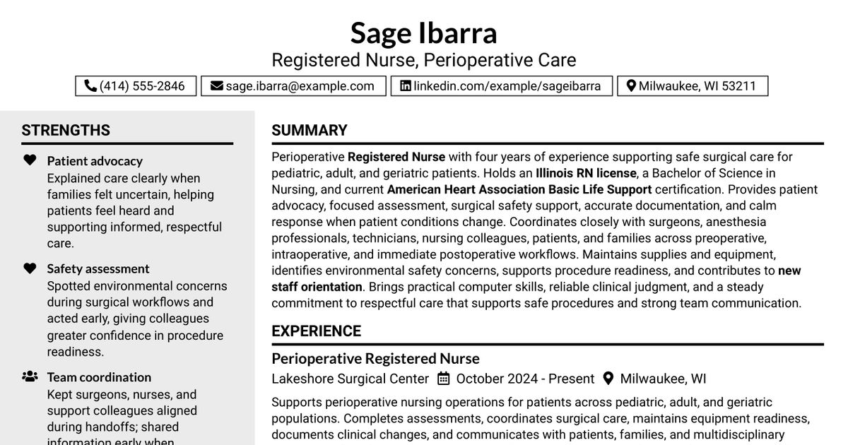 7 Registered Nurse (RN) - Perioperative Care Resume Templates with Example
