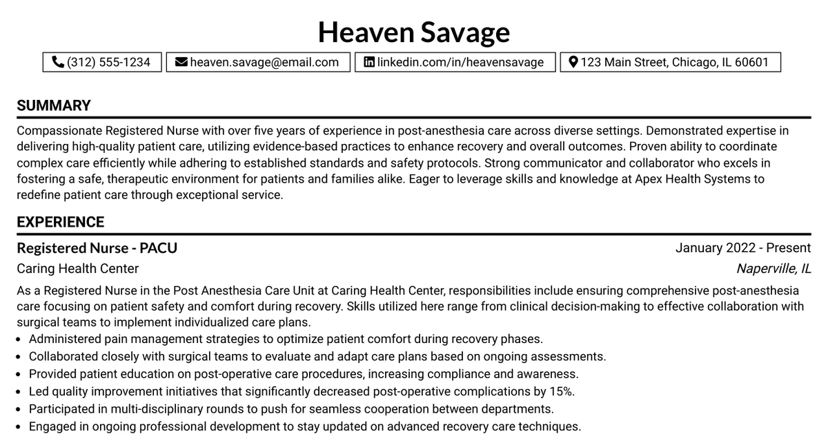 33 Registered Nurse (RN) - Post Anesthesia Care Unit (PACU) Resume Templates with Example 2026