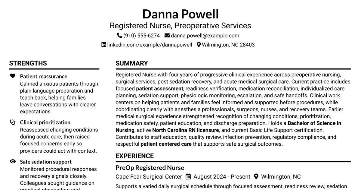 7 Registered Nurse (RN) - PreOp Resume Templates with Example