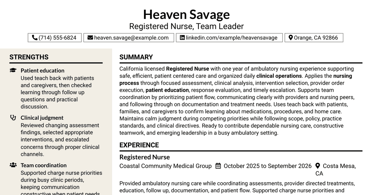 7 Registered Nurse (RN) - Team Leader Resume Templates with Example