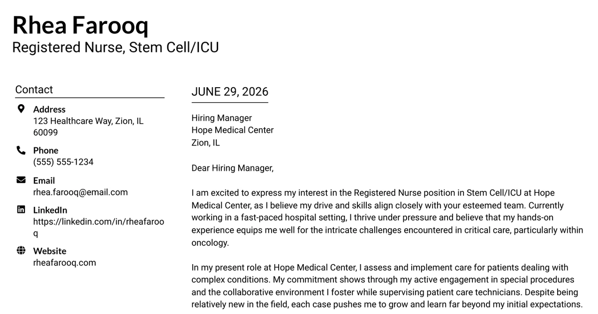 30+ Registered Nurse, Stem Cell/ICU Cover Letter Templates with Example 2026