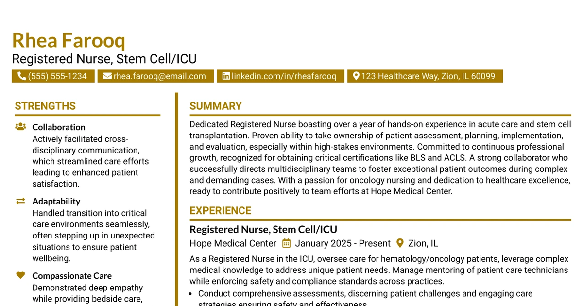 33 Registered Nurse, Stem Cell/ICU Resume Templates with Example 2026 (ATS-Optimized)