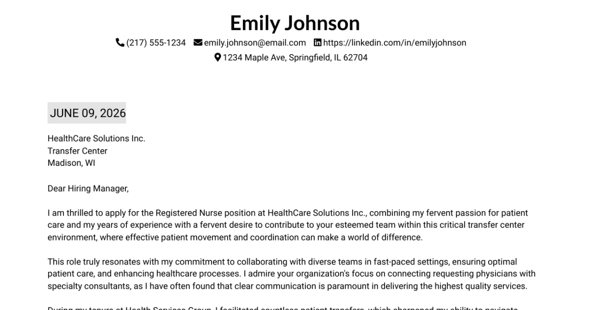 30+ Registered Nurse - Transfer Center Cover Letter Templates with Example 2026