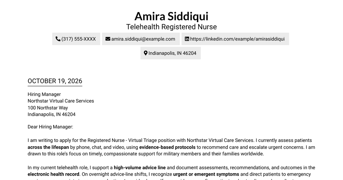 7 Registered Nurse - Virtual Triage Cover Letter Templates with Example