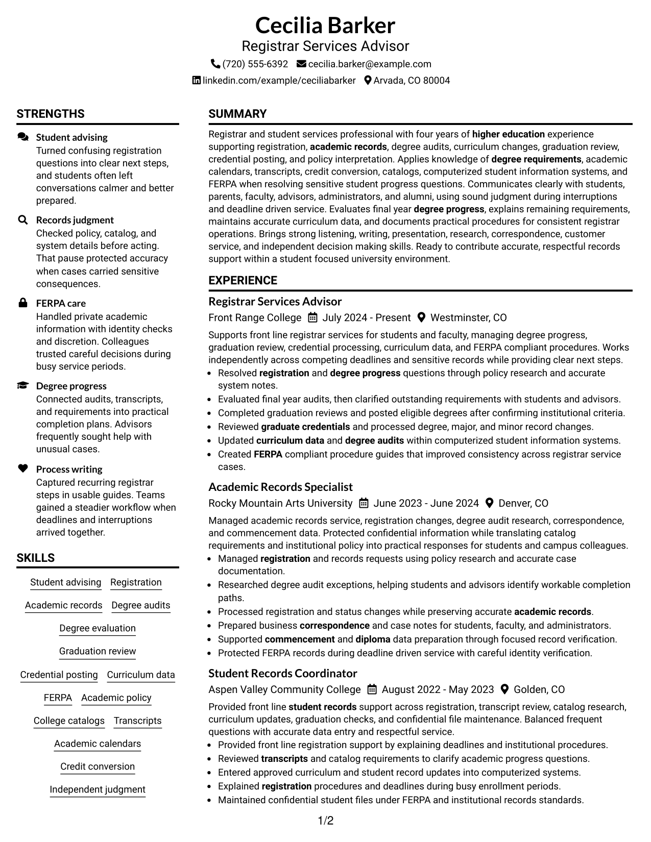 Resume Example Page 1