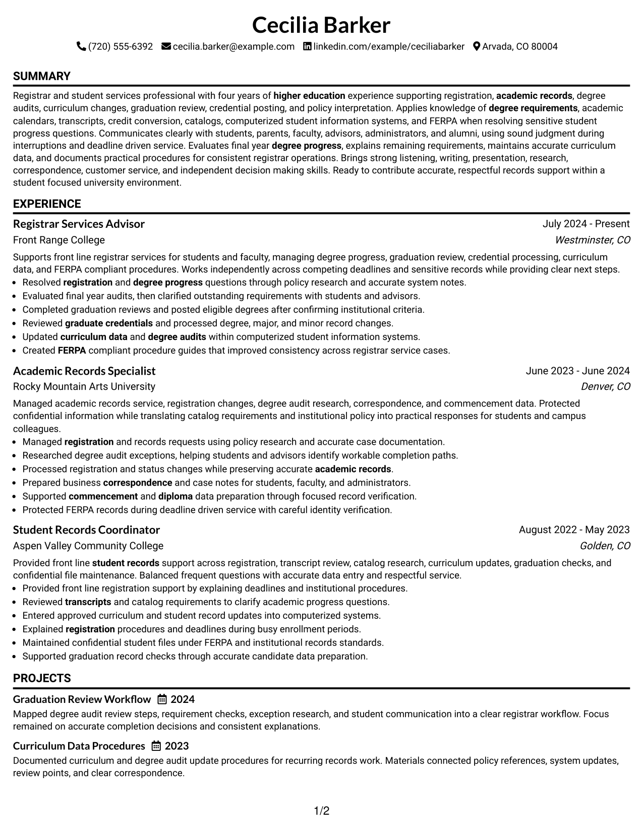 Resume Example Page 1