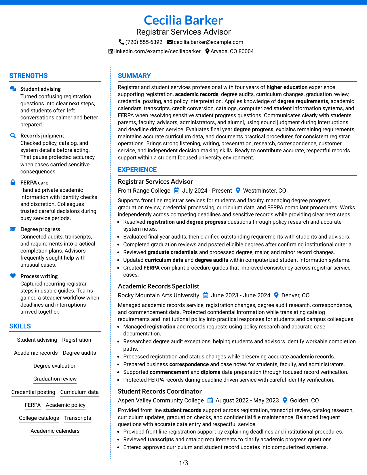 Resume Example Page 1