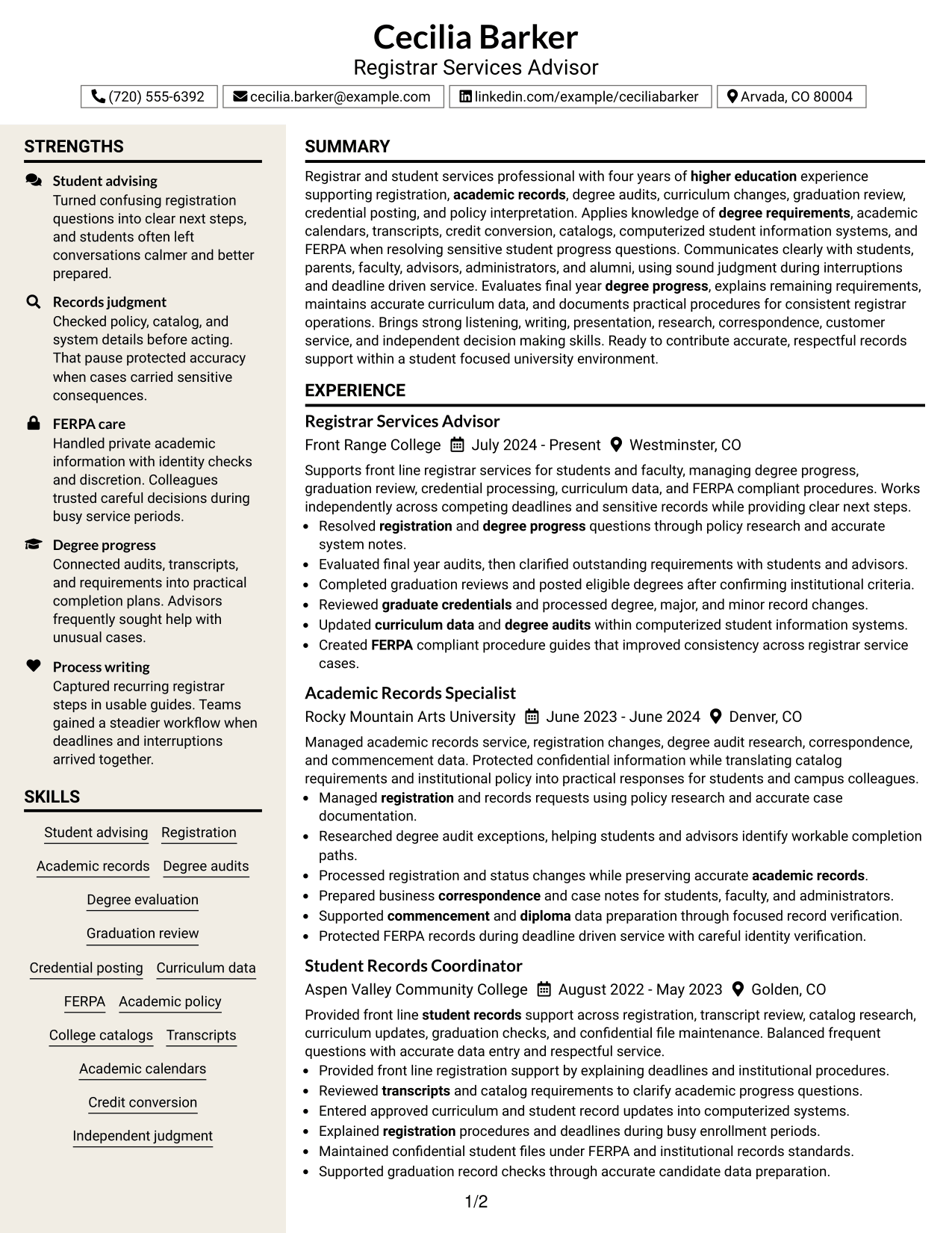 Resume Example Page 1