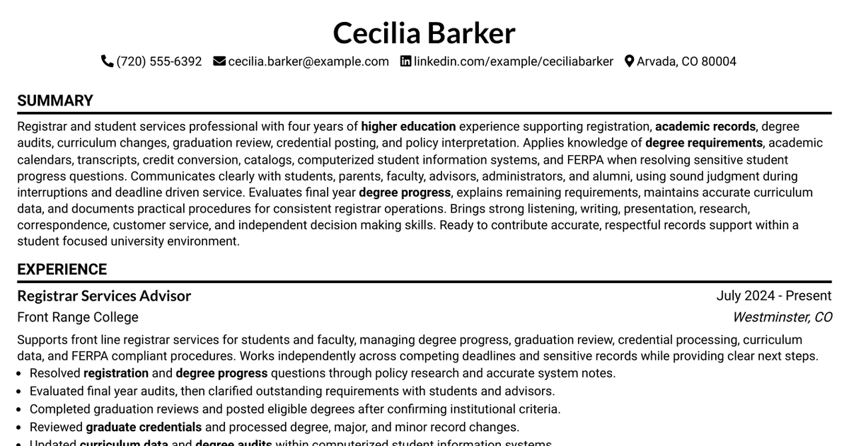 7 Registrar Advisor Resume Templates with Example