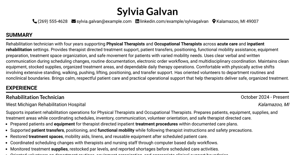 7 Rehabilitation Technician - Acute Care Team Resume Templates with Example