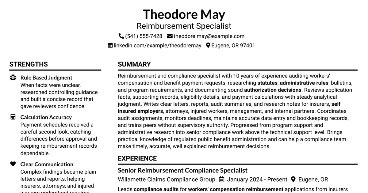 7 Reimbursement Specialist Resume Templates with Example