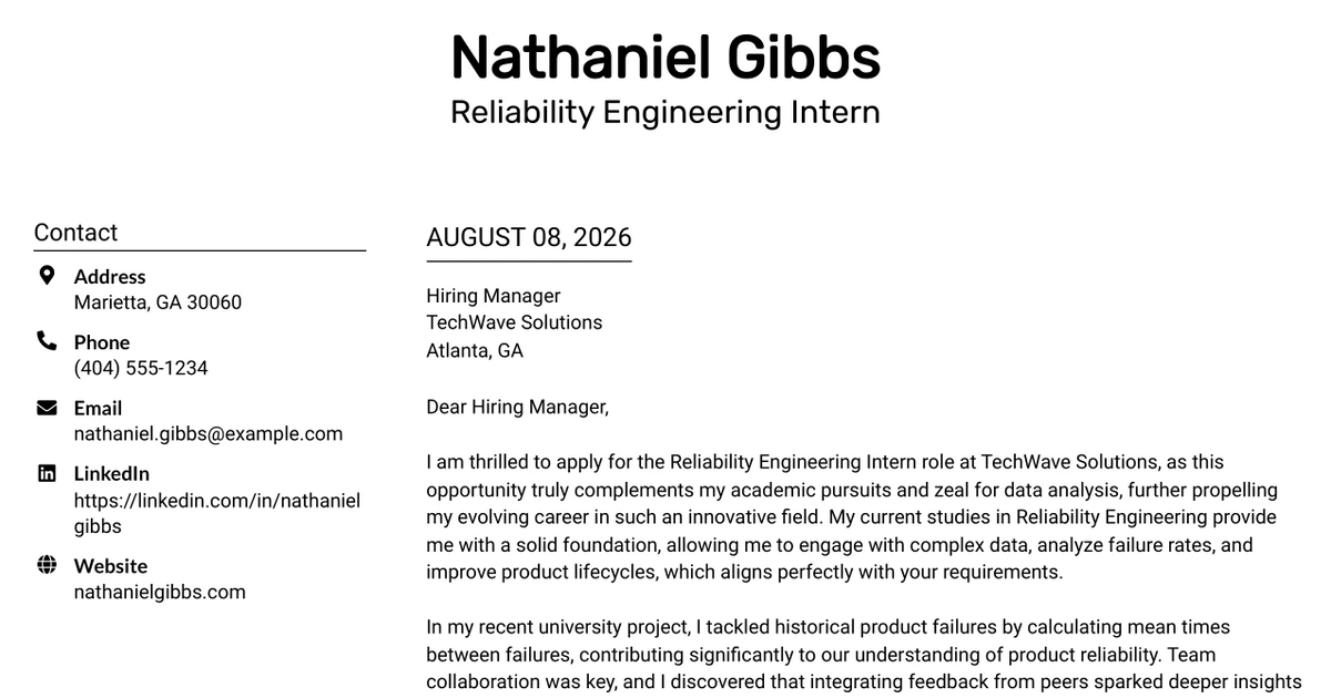 30+ Reliability Engineering Intern Cover Letter Templates with Example 2026