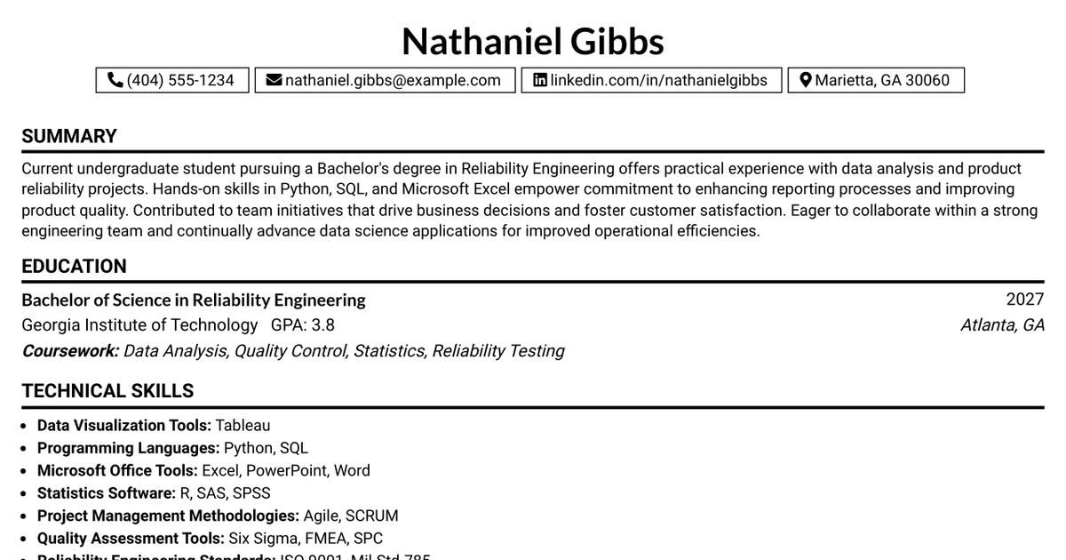 33 Reliability Engineering Intern Resume Templates with Example 2026 (ATS-Optimized)