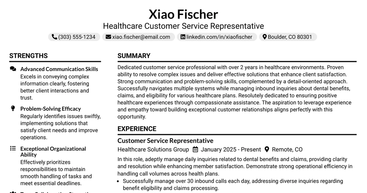 33 Remote Healthcare Customer Service Representative Resume Templates with Example 2026 (ATS-Optimized)