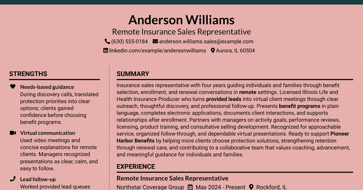 33 Remote Insurance Sales Representative Resume Templates with Example 2026 (ATS-Optimized)