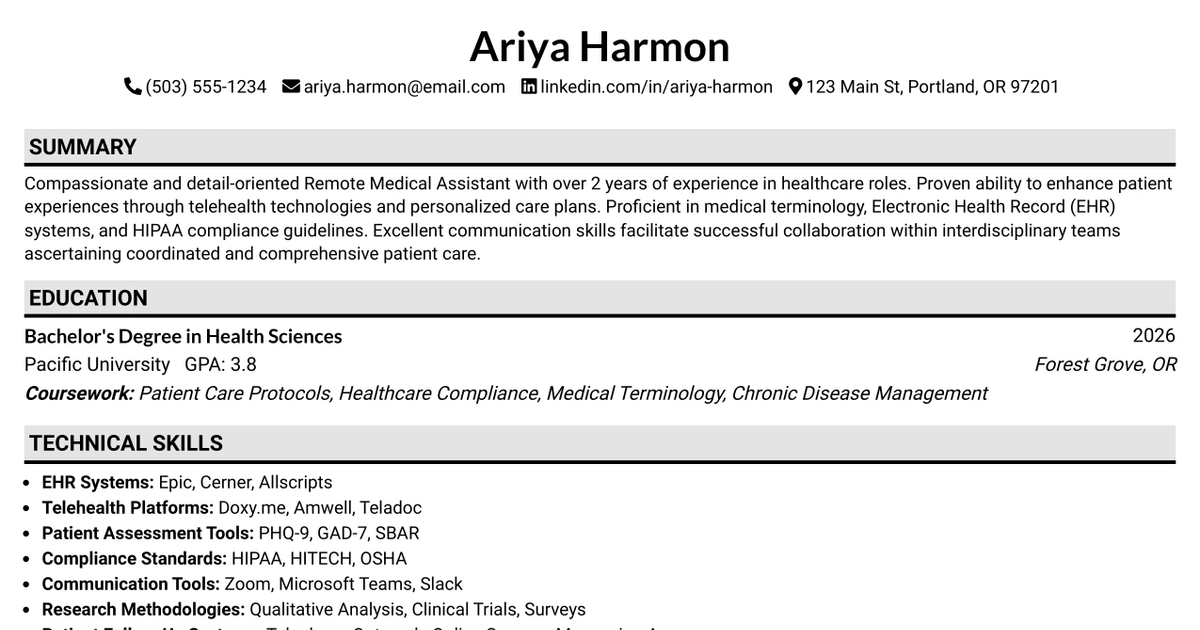 33 Remote Medical Assistant Resume Templates with Example 2026 (ATS-Optimized)