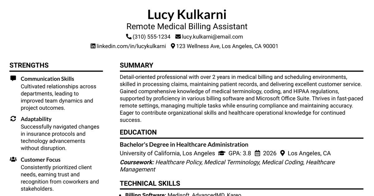 33 Remote Medical Billing Assistant / Care Scheduler Resume Templates with Example 2026 (ATS-Optimized)