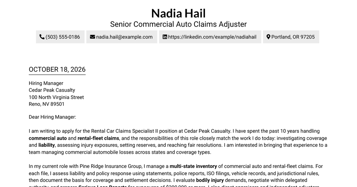 7 Rental Car Claims Specialist II Cover Letter Templates with Example