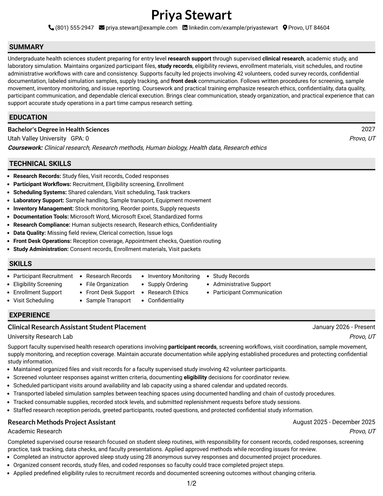 Resume Example Page 1