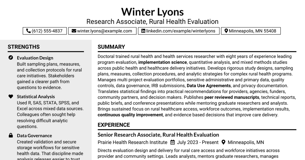 7 Research Associate - Rural Health Resume Templates with Example