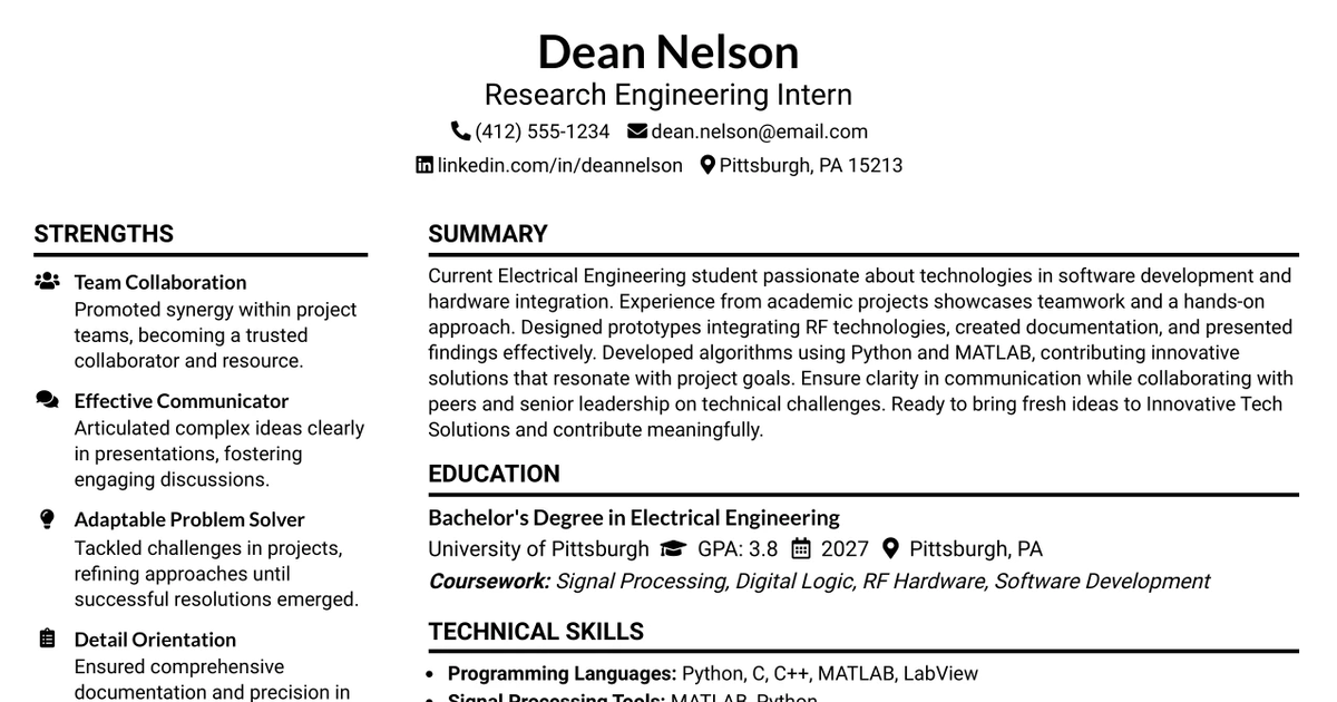 33 Research Engineering Intern Resume Templates with Example 2026 (ATS-Optimized)
