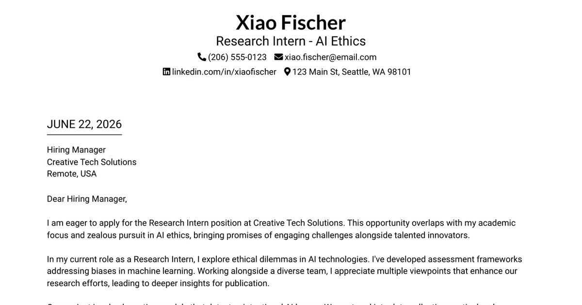 30+ Research Intern - AI Ethics Cover Letter Templates with Example 2026