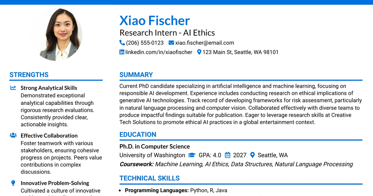 33 Research Intern - AI Ethics Resume Templates with Example 2026 (ATS-Optimized)