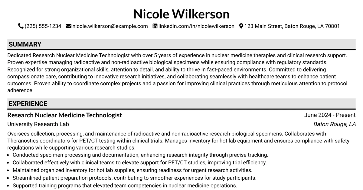 33 Research Nuclear Medicine Technologist Resume Templates with Example 2026 (ATS-Optimized)