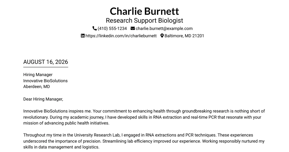 30+ Research Support Biologist Cover Letter Templates with Example 2026