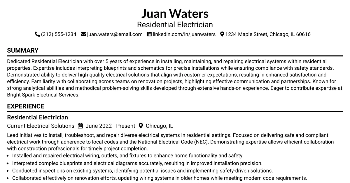 33 Residential Electrician Resume Templates with Example 2026 (ATS-Optimized)