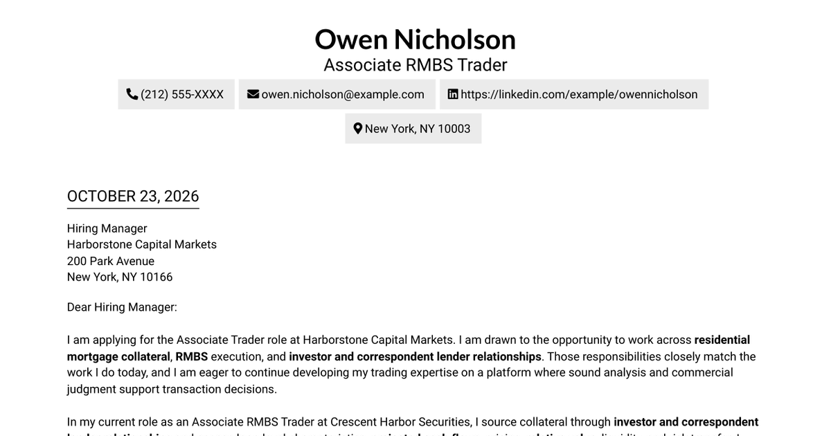 7 Residential Mortgage Securitization Trader - Associate Cover Letter Templates with Example