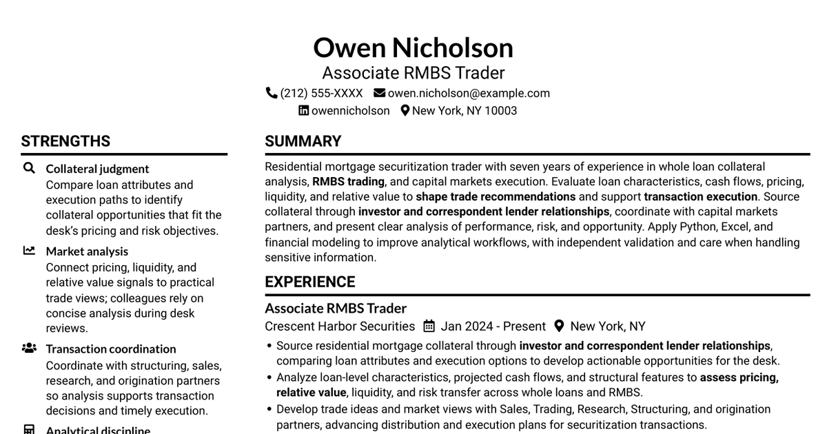 7 Residential Mortgage Securitization Trader - Associate Resume Templates with Example