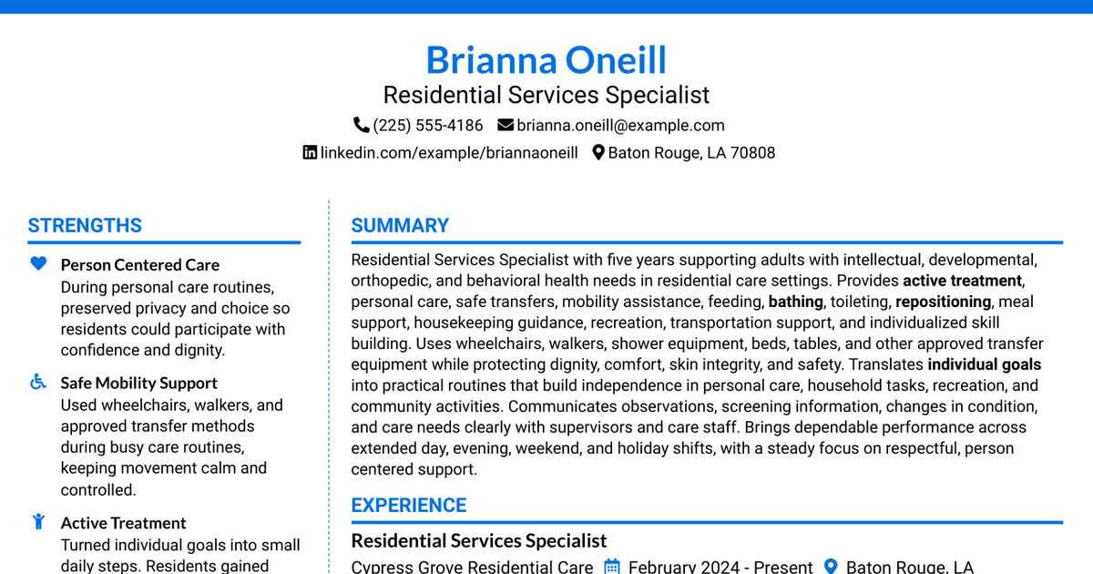 7 Residential Services Specialist Resume Templates with Example
