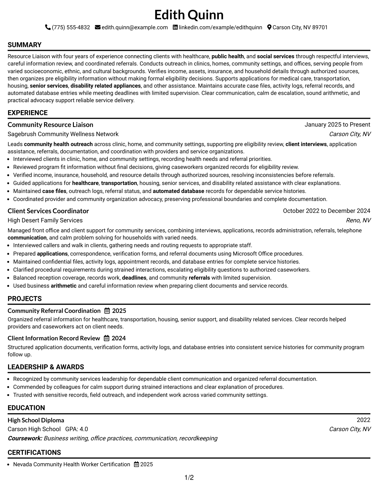 Resume Example Page 1