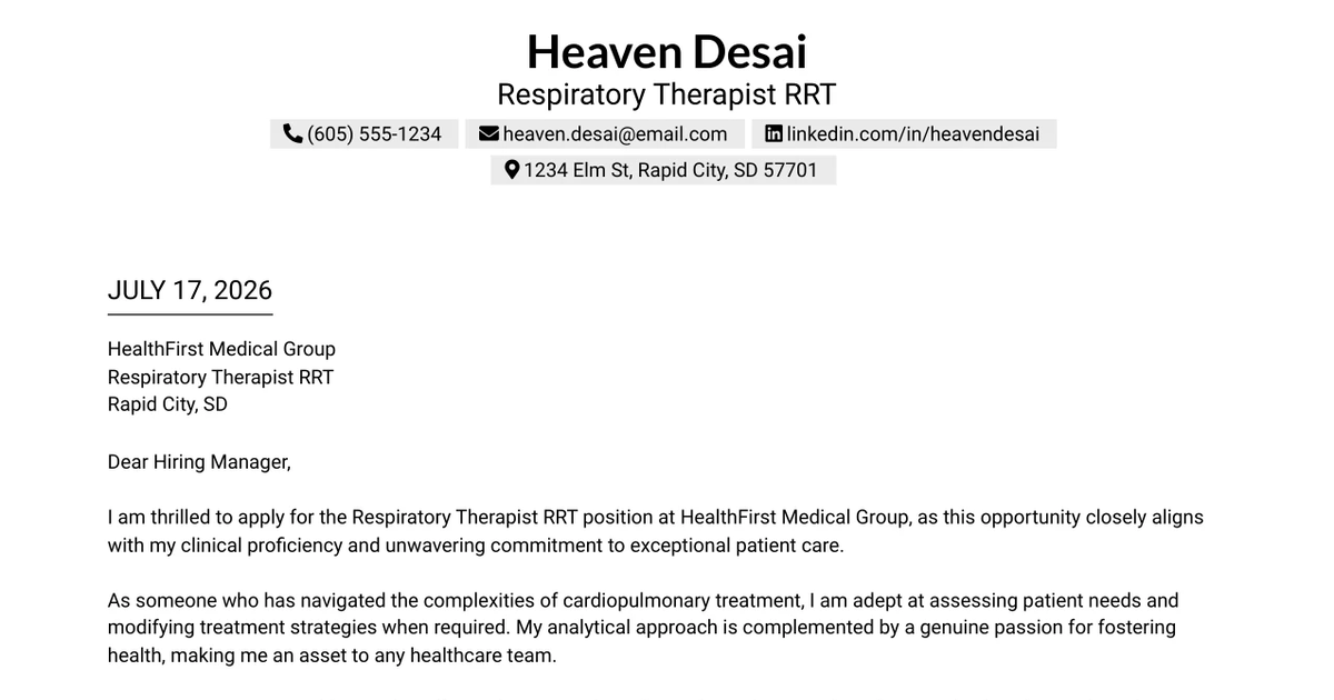 30+ Respiratory Therapist RRT Cover Letter Templates with Example 2026