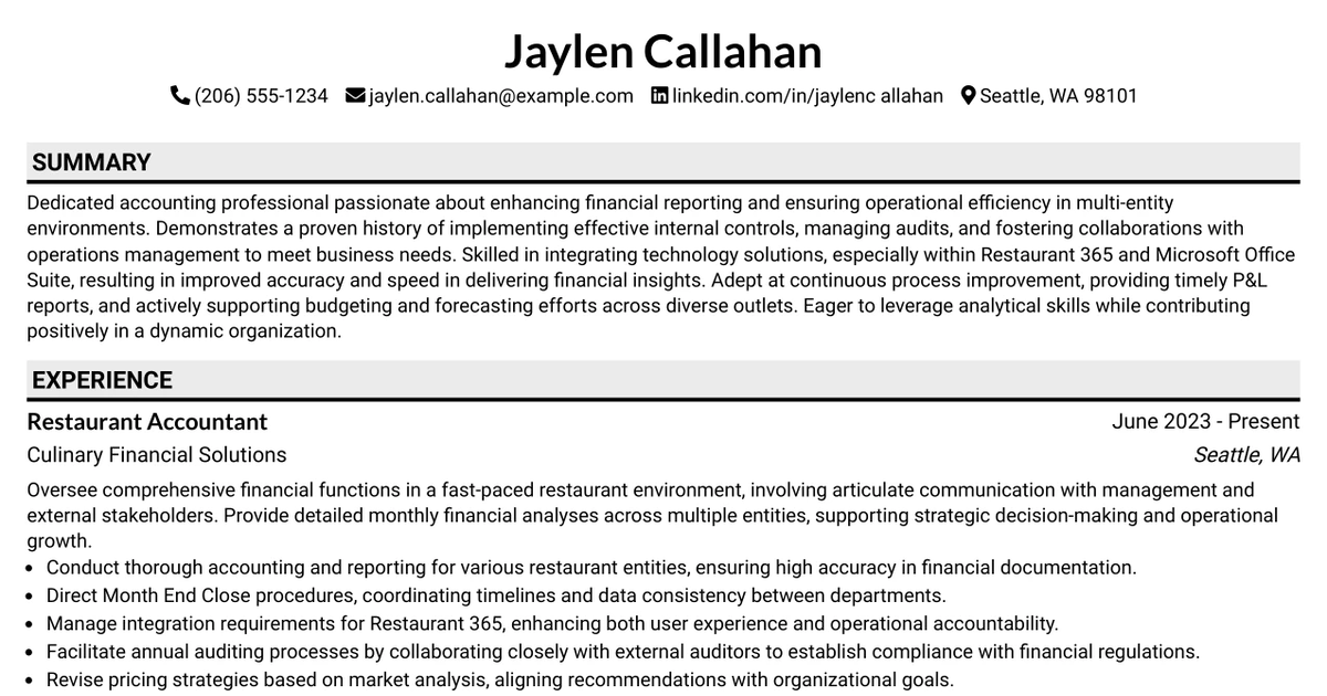 33 Restaurant Accountant/Controller Resume Templates with Example 2026 (ATS-Optimized)