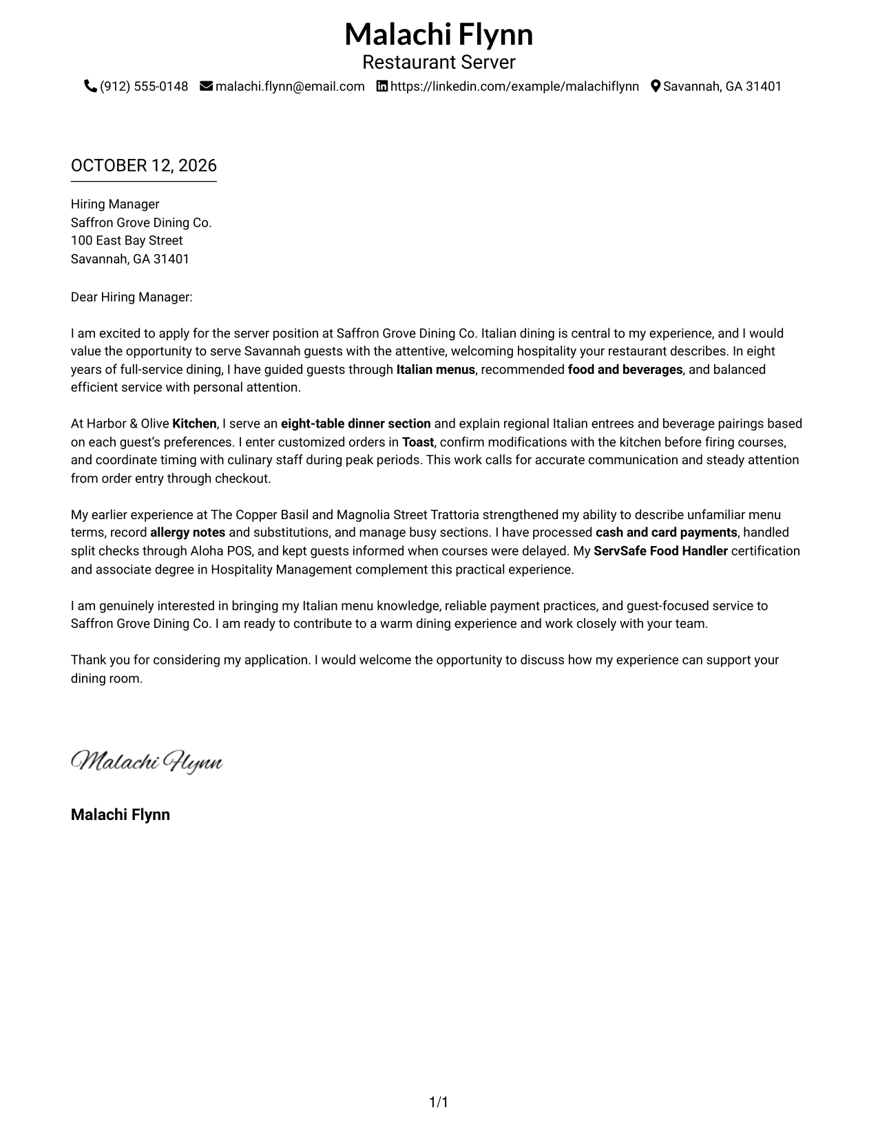 Cover Letter Example Page 1