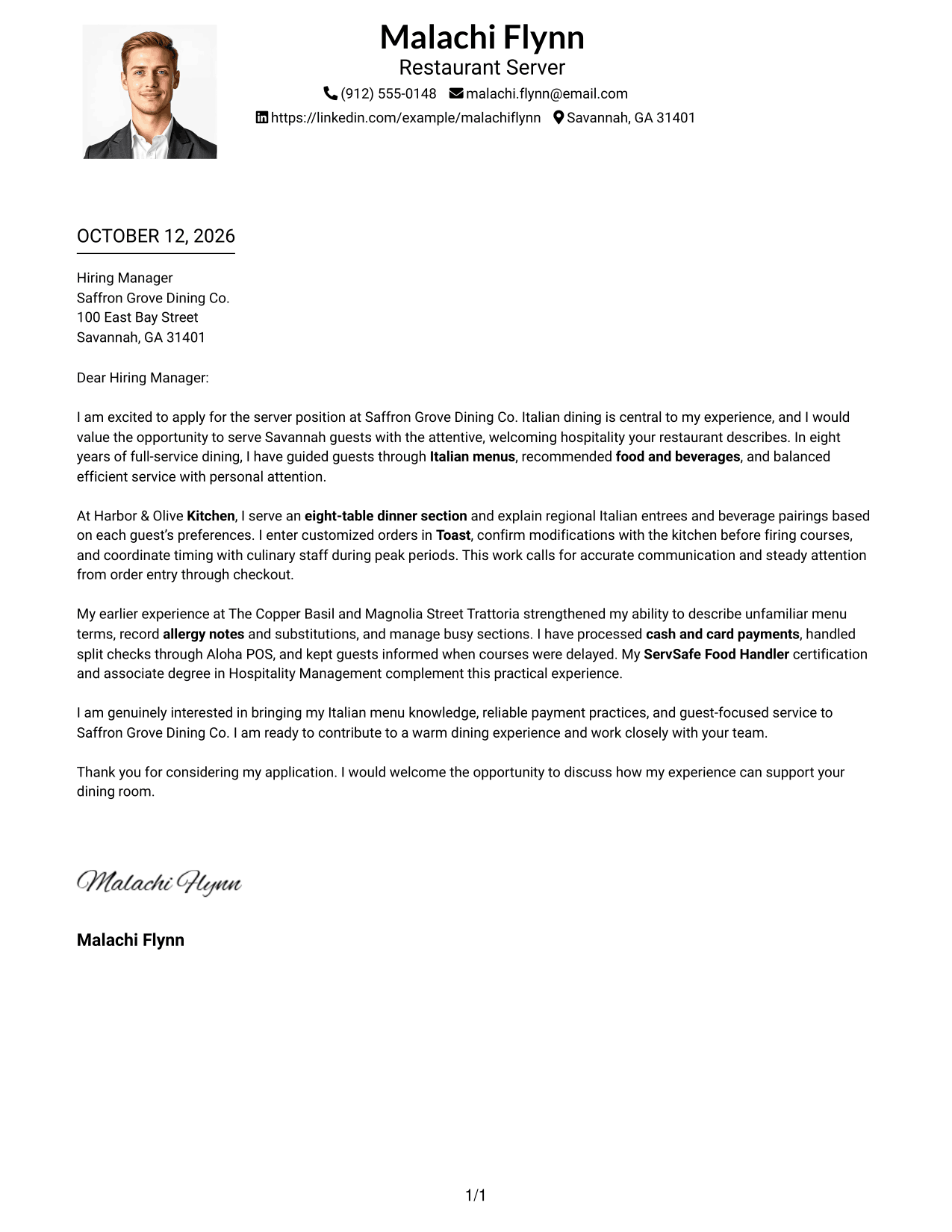 Cover Letter Example Page 1