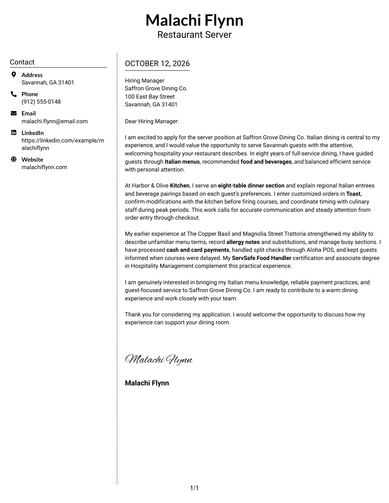Cover Letter Example Page 1