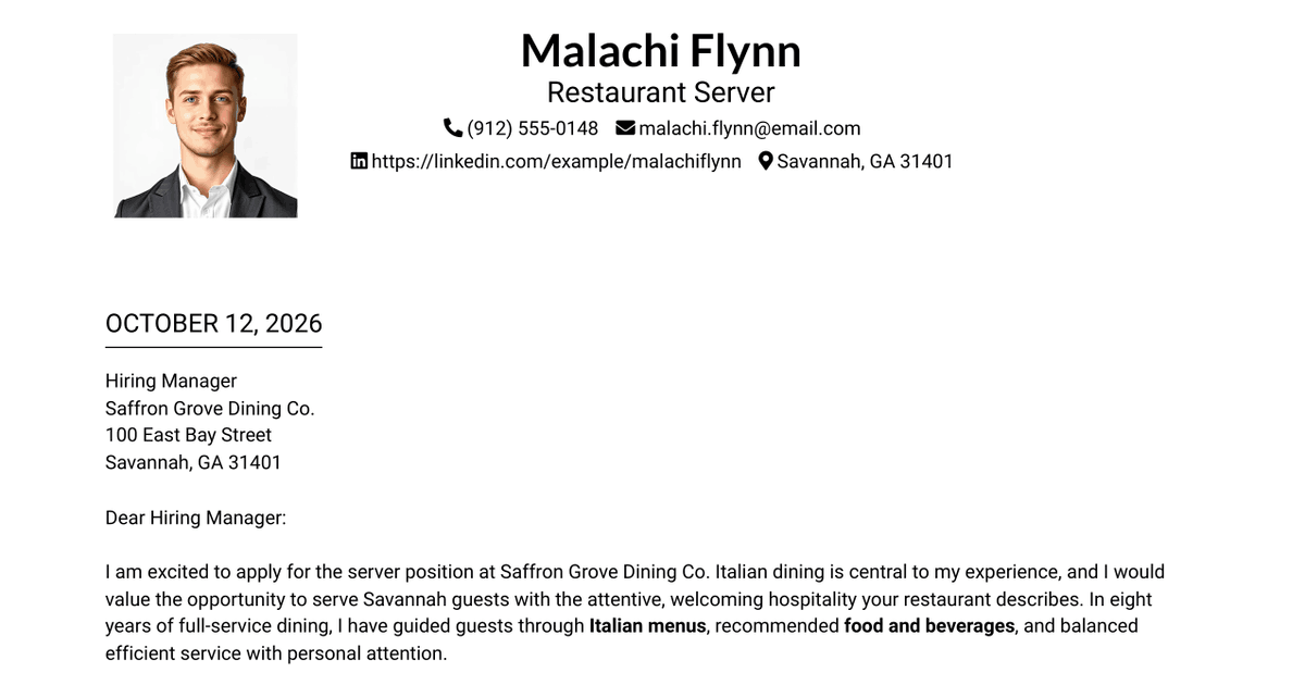 7 Restaurant Server - Italian Dining Cover Letter Templates with Example